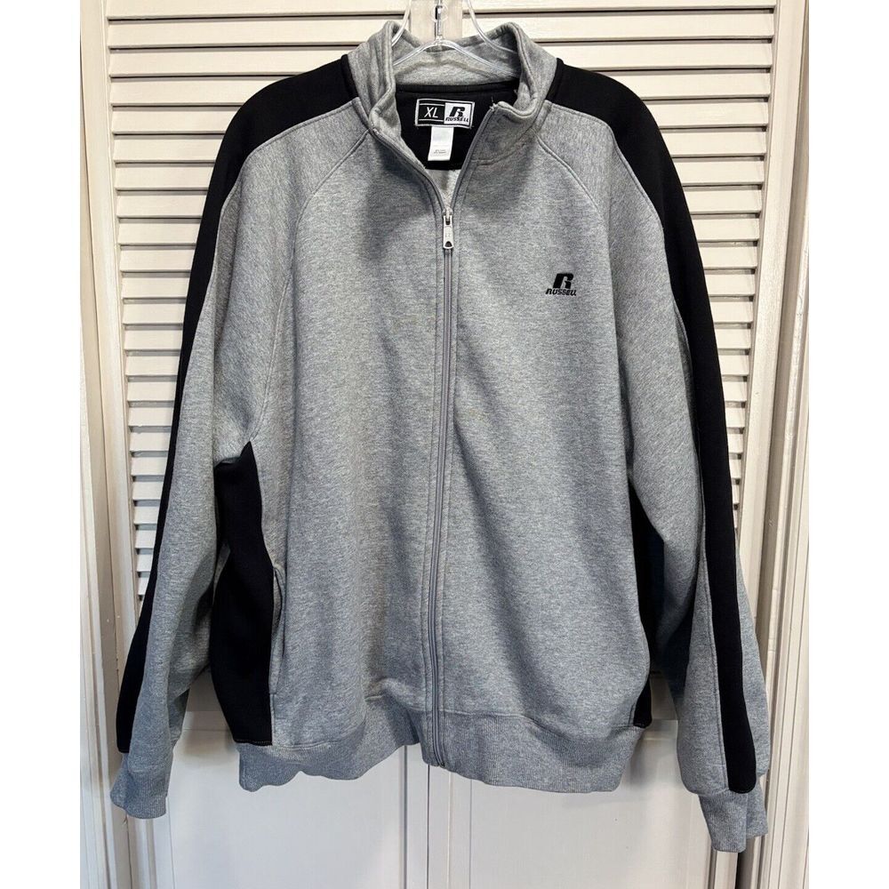 Russell Gray/Black Zip Up Hooded Jacket Mens Size XL Pockets Logo Fleece Lined